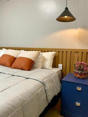 a bedroom with a bed with a blue cabinet and a potted plant at Ap Da Ilha in Alter do Chao
