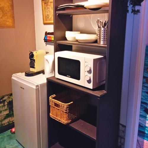 un forno a microonde seduto su uno scaffale accanto a un frigorifero di Emporium a Lobbes