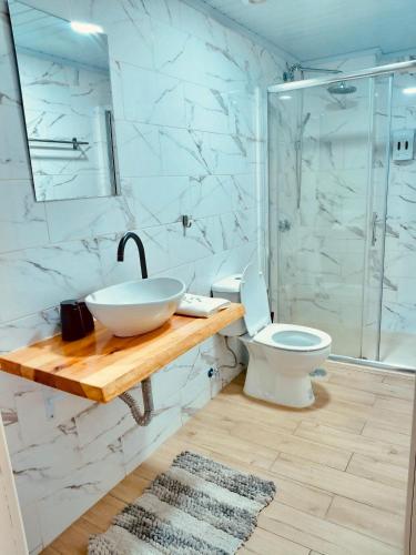 een badkamer met een wastafel, een toilet en een douche bij Tree House II in Setúbal