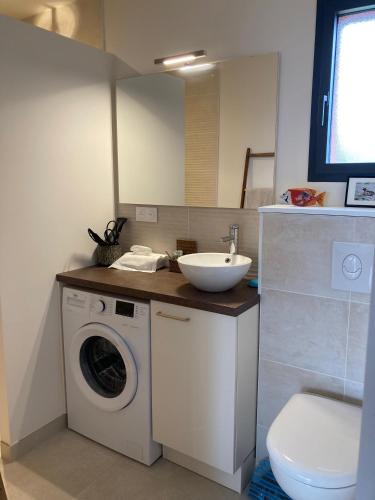 a bathroom with a washing machine and a sink at L'Atelier du Champ Ladoit in Mercurey