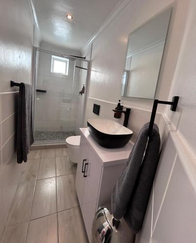 a bathroom with a sink and a toilet and a shower at AquaPalms Hideaway - Family Friendly Pool - Hot Tub - Indoor Braai in Cape Town