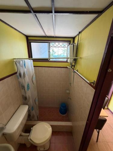 a bathroom with a toilet and a shower at Rose Cabin Kundasang in Ranau