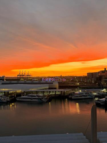 a sunset over a marina with boats in the water at Princes Wharf Amazing 2 bedroom Free Parking in Auckland