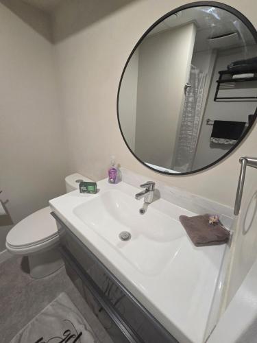 a bathroom with a white sink and a mirror at Beautiful Serenity in Edmonton