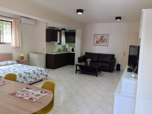a living room with a bed and a couch at NEAR AIRPORT 2 STOPS By METRO, STATION METRO"PEANIA-KANTZA" in Leondárion