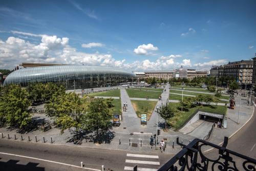 a view of a large stadium with a building at Hôtel Le Bristol Strasbourg Gare in Strasbourg