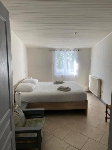 ein Schlafzimmer mit einem großen Bett und einem Fenster in der Unterkunft Maison chaleureuse en pleine campagne in Saint-Savinien