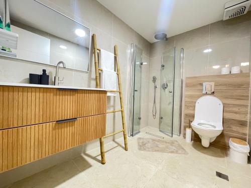un bagno con wc e doccia in vetro di Ramon Palms a Mitzpe Ramon