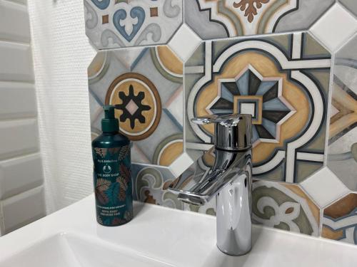 a bathroom sink with a bottle of mouthwash next to a mirror at La Madeleine centre historique de Troyes in Troyes