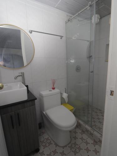 een badkamer met een douche, een toilet en een wastafel bij Hotel Alcalá in Alcalá