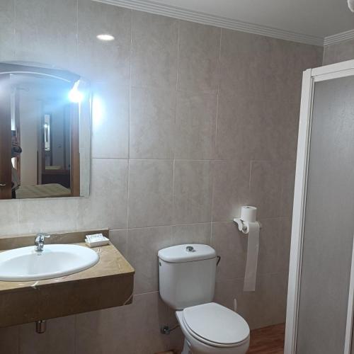 a bathroom with a toilet and a sink and a mirror at Hostal Los Palancares in Fuentes