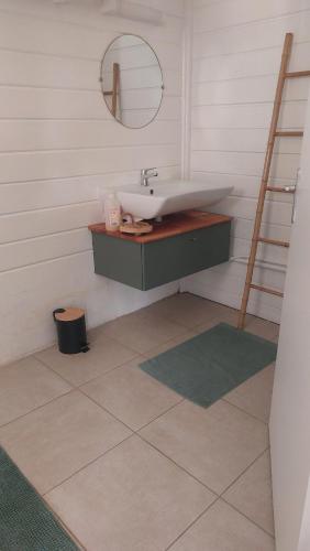 a bathroom with a sink and a mirror at Villa Tilo in Sainte-Anne