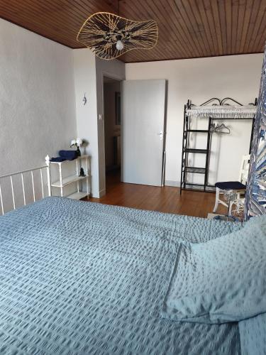 a bedroom with a bed with a blue comforter at Gîte menthe à l'eau in Ciadoux