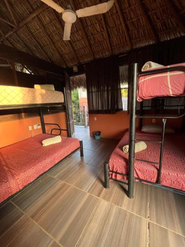 a room with two bunk beds and a wooden floor at Casa Nawara in Puerto Escondido