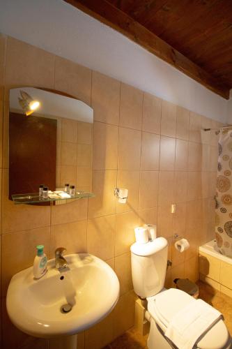 a bathroom with a sink and a toilet and a mirror at Piges Hotel in Gliki