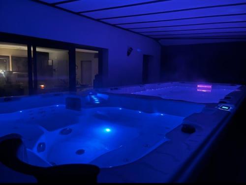 une pièce sombre avec un grand jacuzzi dans l'établissement spa de nage et jacuzzi à Séverac d'Aveyron, à Sévérac d' Aveyron