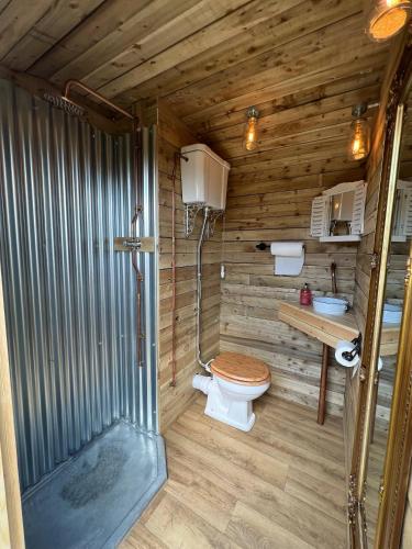 a wooden bathroom with a toilet and a shower at Camp Bonnie in Kent