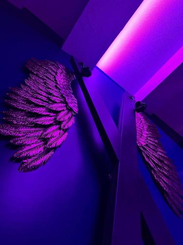 two wings on a wall with a purple light at Suite craz'in Love Room, jacuzzi, cinéma, climatisation, parking in Beaucaire