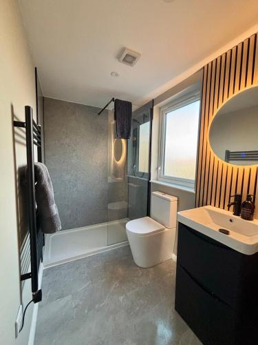 a bathroom with a toilet and a sink at Beyond The Waters Edge Chalet in Dooagh