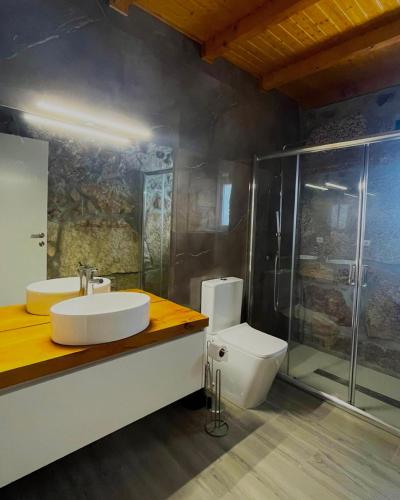 a bathroom with a sink and a shower and a toilet at Refúgio do Vale in Celorico de Basto