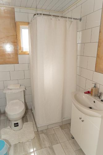 a white bathroom with a toilet and a sink at Cabañas Altos de Ñida in Aytuy