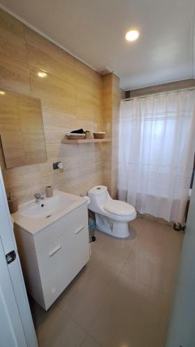a bathroom with a white sink and a toilet at Casa Campo Chiloé in Chonchi