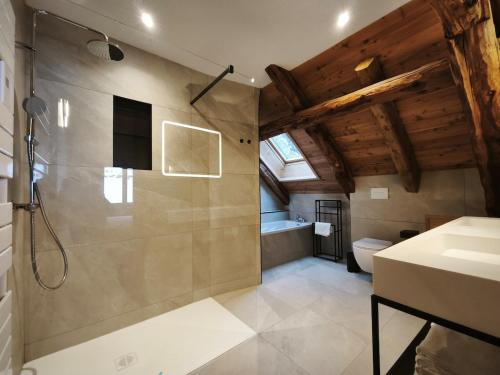 une salle de bains avec douche, toilettes et lavabo dans l'établissement Chalet prestige 14 pers au pied des pistes, à Ceillac