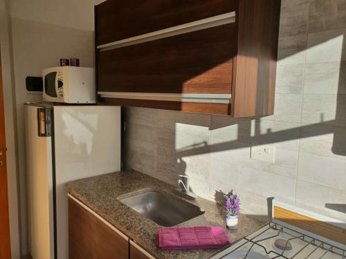 een kleine keuken met een spoelbak en een koelkast bij Departamento en Barrio La Perla, Mdp in Mar del Plata