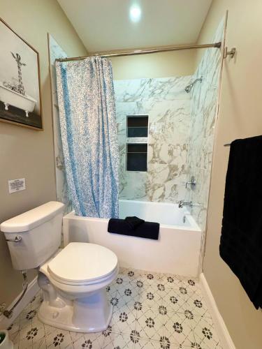 a bathroom with a toilet and a shower and a tub at Historic Madison Ave in Baltimore