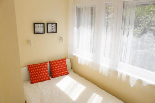 a window with two red pillows in front of it at City Centre Apartment in Budapest