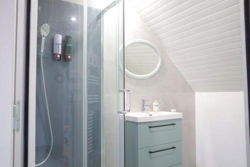 een badkamer met douche, wastafel en spiegel bij Gîtes Le Gros Chêne in Meaucé