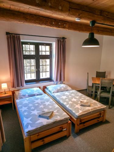 two beds in a room with a table and a window at Pivovar Mlýn in Štětí
