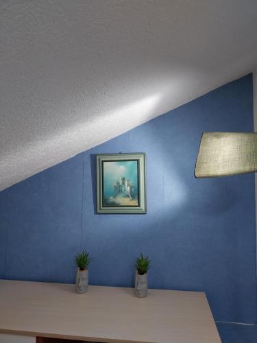een blauwe muur met twee potplanten op een plank bij Park Apartment in Kočani
