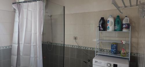 een badkamer met een douchegordijn en een plank met flessen bij Villa Star in Tirana