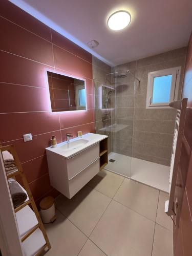 a bathroom with a sink and a shower at Dom & Val in Tournan-en-Brie