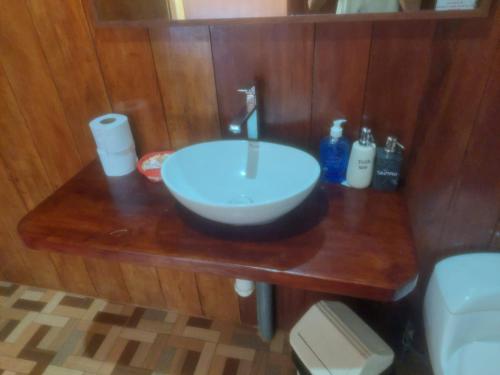 een badkamer met een wastafel op een houten aanrecht bij Hacienda Tambopata Lodge in Tambopata