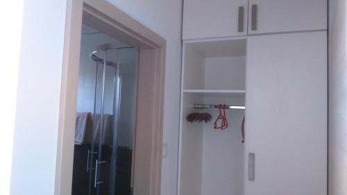 a bathroom with a mirror and a white cabinet at Vila Ema Apartments and Rooms in Ljubljana