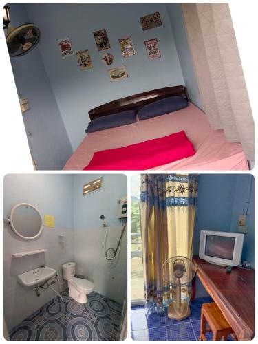 a collage of pictures of a bedroom with a bed and a bathroom at บ้านไร่เรืองแสง in Ban Thung Samo