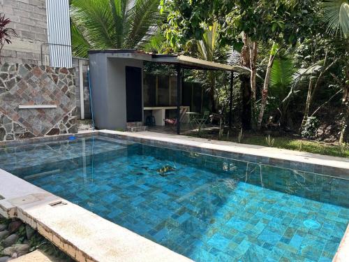 a large blue swimming pool in a yard at Hospedaje el Argentico in Tapantí