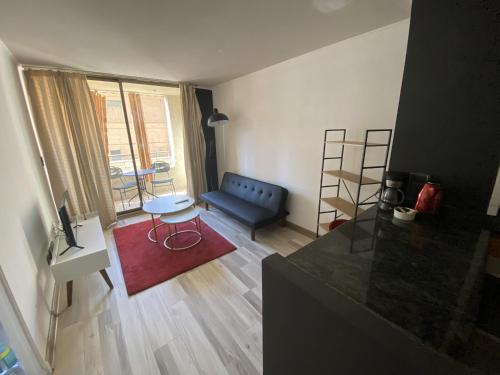 een woonkamer met een blauwe bank en een rood tapijt bij Providencia LSL in Santiago