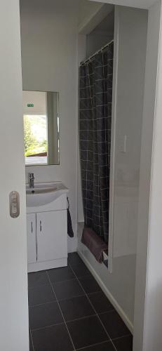 ein Badezimmer mit Waschbecken und Dusche in der Unterkunft Mokau Motels in Mokau
