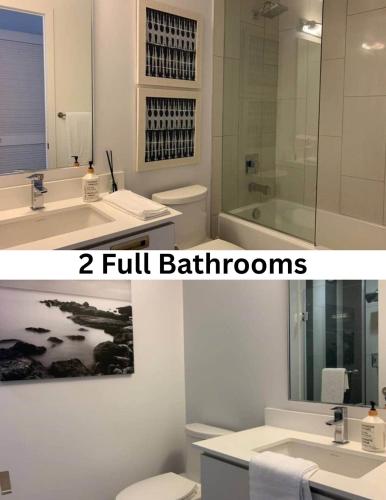 a bathroom with a sink and a toilet and a mirror at Stunning Stayz Luxury 2 King Suite at Friday Harbour Resort Marina Walk & Parking in Innisfil