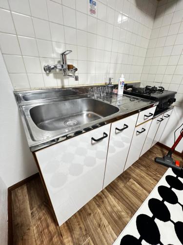 una cucina con lavandino in acciaio inossidabile e bancone di サイプレス平岸 a Sapporo