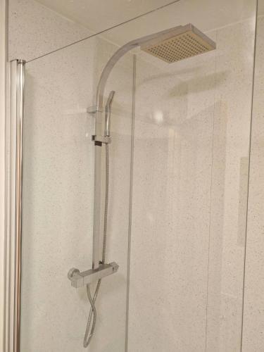 eine Dusche mit Glastür und Duschkopf in der Unterkunft Relax in this Charming Rushden Retreat in Rushden