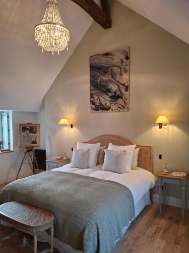 een slaapkamer met een groot bed en een kroonluchter bij Hôtel Savare in Blois