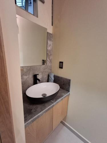 een badkamer met een wastafel en een spiegel bij Monarca in Uruapan del Progreso