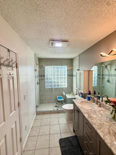 a bathroom with a sink and a toilet and a shower at Emmanuel House in Tulsa