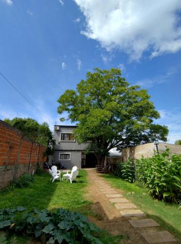 un cortile con due sedie bianche e un albero di El gran nogal colon a Colón