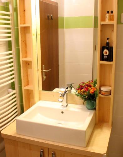 a bathroom with a white sink and a mirror at Apartments at Berghaus Glockner in Heiligenblut