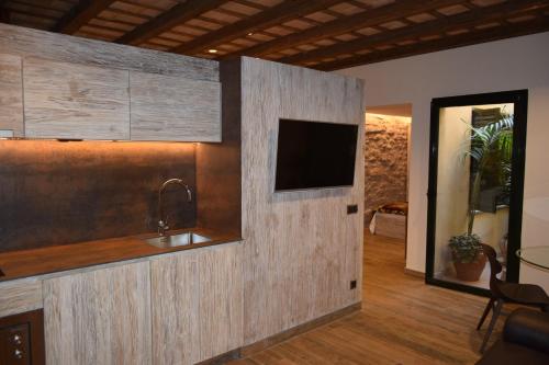 a kitchen with a sink and a tv on a wall at Hotel Històric in Girona